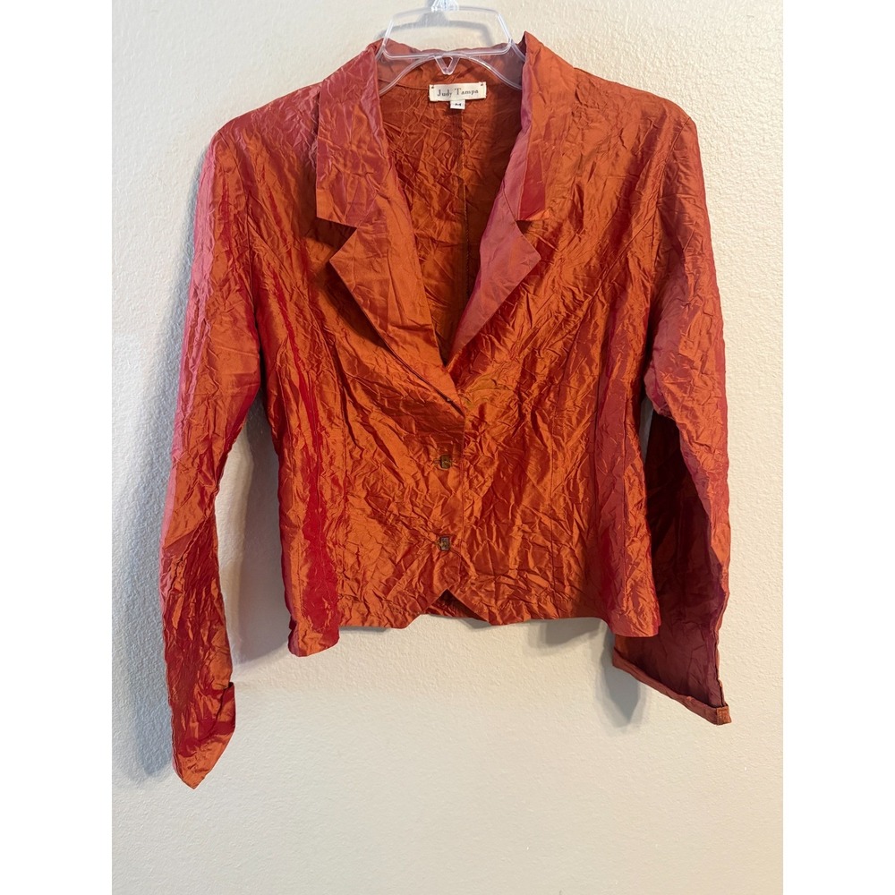 Judy Tampa Womens Medium Rust Orange Crinkle Textured Button Front Blazer Jacket
